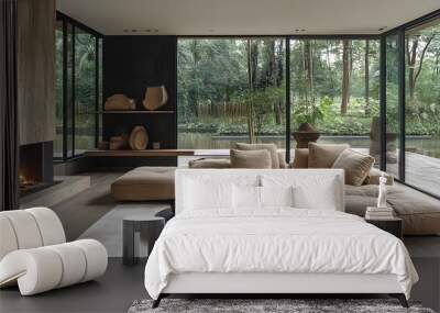 Sleek minimalist living room with contemporary furniture, large windows, and soft tones Wall mural