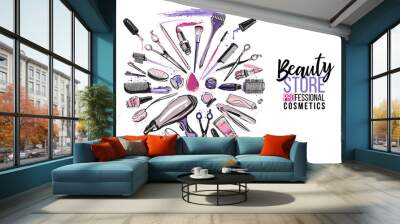 Beauty salon, manicure, makeup, hairdressing poster, flyer, template design. Fashion woman accessory illustration icon logo set isolated vector on white background Wall mural