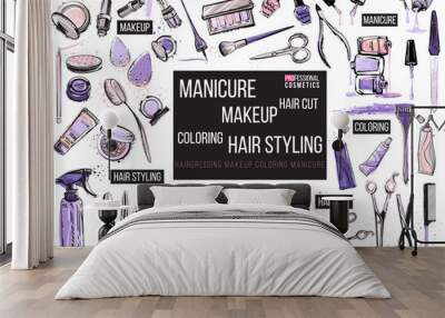 Hair cut, manicure, makeup, hair coloring, hairdressing, styling professional beauty tools and equipment big set. Beautiful fashion illustration in watercolor style isolated on white background Wall mural