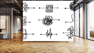 Hand drawn black line arrow clew chaos ball complicated on white background. Vector simple round, square, heart shape love mind abstract icon illustration. Business process concept. Wall mural