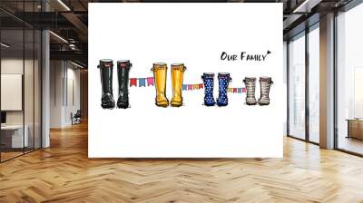 Happy home family four concept. Different colors wellies collection. Rubber boots autumn fall concept. Vector illustration in watercolor style. Decoration family card on white background. Wall mural