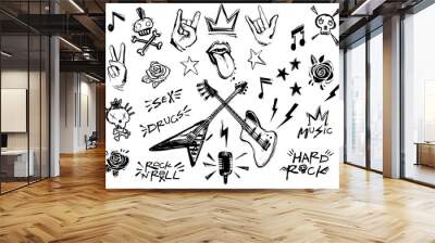 Punk rock n roll elements collection. Vector hard rock doodle illustrations, signs, objects, symbols. Cartoon rock star icon for music band, concert, party. Isolated on white background Wall mural