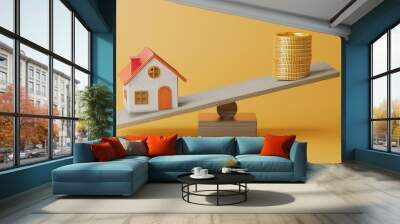 House and coin on balancing scale on yellow background. Real estate business mortgage investment and financial loan concept. Money saving and cashflow theme. 3D illustration rendering graphic design Wall mural