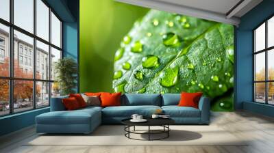 Macro photography of water drops on a green leaf Wall mural