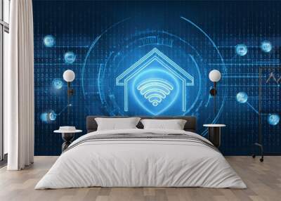 Smart home wireless entertainment and futuristic wifi security on blue abstract digital binary code background. Business technology and Digital transformation concept.  illustration. Wall mural