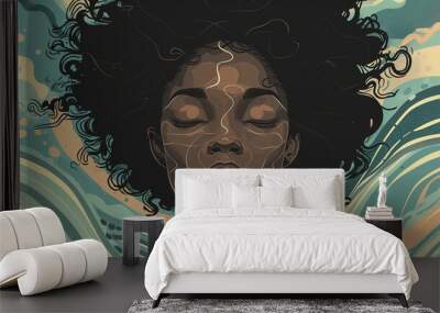 Abstract illustration black african american woman meditating practicing self love mindfulness wellbeing, against blue psychic wave background Wall mural