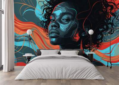 Abstract illustration concept representing mental wellbeing mindfulness depression and anxiety, black african american woman illustration, mental illness illustration, psychic waves Wall mural