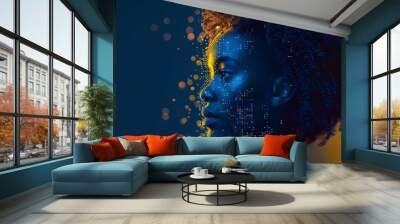 AI cyber security concept. Black female IT Computer specialist analysing artificial intelligence cyber threats to consumer data & privacy leaks. African american software developer. AI  robot, blue Wall mural