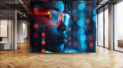 AI cyber security threat, black african american female IT specialist analysing data information technology, augmented reality artificial intelligence blue & red, matrix numbers, copy space Wall mural