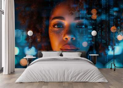 AI cyber security threat, female african american IT specialist analysing futuristic holographic data information. blue & orange colour, sugmented reality artificial intelligence concept banner  Wall mural