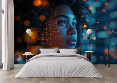 AI cyber security threat concept, female african american IT specialist analysing futuristic holographic data information. blue & orange colour, sugmented reality artificial intelligence illustration  Wall mural