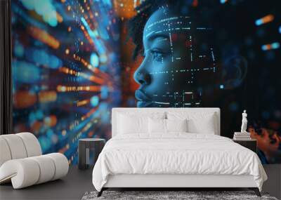 AI cyber security threat illustration, black african american female IT specialist analysing data information technology, augmented reality artificial intelligence collage, side profile, copy space Wall mural