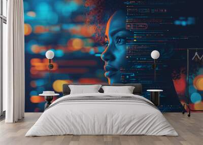 AI cyber security threat illustration, black african american female IT specialist analysing data information technology, augmented reality artificial intelligence collage, side profile, copy space Wall mural