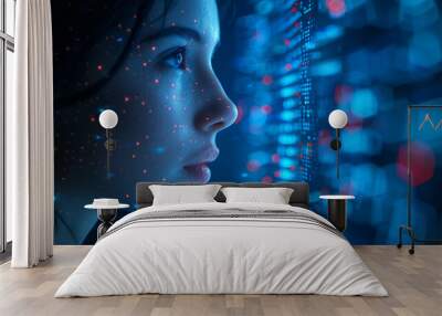 AI cyber security threat illustration  female IT specialist analysing data information technology augmented reality artificial intelligence collage side profile blue light copy space Wall mural