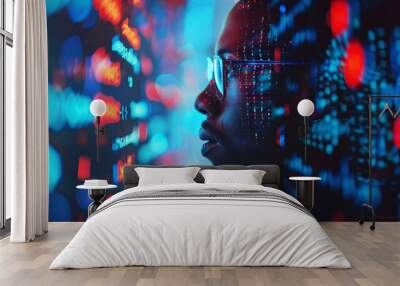 artificial intelligence cyber security threat illustration concept AI banner. Black african american male IT specialist analysing data information technology privacy leaks AR artificial intelligence Wall mural