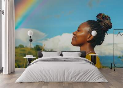 Happy young black woman breathing fresh air outdoors in nature. African american female meditating outside practicing wellness meditating deep breathing. Blue sky and rainbow. Inclusive pride	 Wall mural