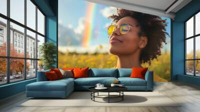 Happy young black woman breathing fresh air outdoors in nature. African american female meditating outside practicing wellness meditating deep breathing. Blue sky and rainbow. Inclusive pride Wall mural