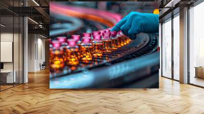 Lab scientist examining medical vials on production line conveyor belt in pharmaceutical health care factory manufacturing prescription drug medication for public sector Wall mural