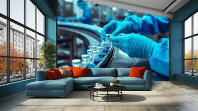 Pharmacist scientist with sanitary gloves examining medical vials on production line conveyor belt in pharmaceutical healthcare factory manufacturing prescription drugs medication mass production Wall mural