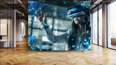 School student with VR headset using AI artificial intelligence technology & machine learning.Interactive technology in classroom. Innovation & smart tech. AI blue hologram in education Wall mural