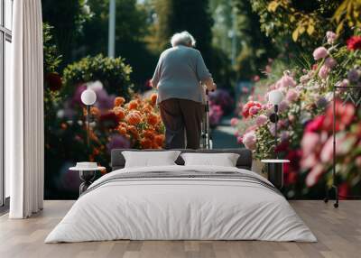 Senior woman walking in garden with lots of spring flowers blooming. Mature female pensioner at the garden centre Wall mural