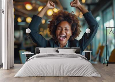 Winner, happy black businesswoman celebrating and cheering after a successful corporate achievement. Young African american female excited, smile and hired after successful job promotion Wall mural