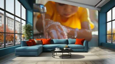 Young child washing their hands with soap and water. children's hygiene and health concept. preventing the spread of germs and bacteria. ai generated Wall mural