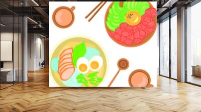 Asian food. Asian food vector illustration with salmon, avocado, meat. Ramen vector isolated. Dinner for two person. Restaurant illustration.  Wall mural