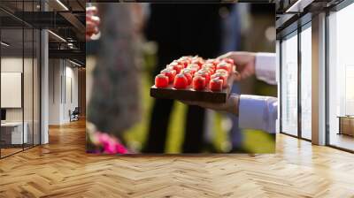 closeup of cubed watermelon appetizer on wooden tray on a sunny day at outdoor wedding Wall mural