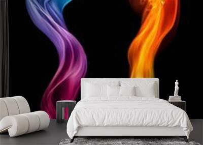 Two streams of colorful energy flying in the air and meeting each other, on a black background Wall mural