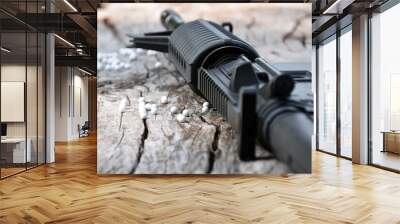 BB gun or airsoft gun muzzle and white bullets on wooden plank, soft and selective focus. Wall mural