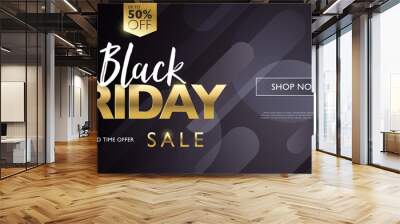 Black Friday sale discount marketing banner concept with golden letters on black background. Black Friday promo offer flyer and poster with 50% off sale tag. Vector illustration template. Wall mural