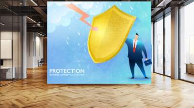 Business protection concept. Businessman rising the golden shield against rainstorm and lightning protecting himself from harm. Business vector illustration. Wall mural