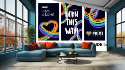 Colorful happy PRIDE month cover page set with abstract 3D progress pride rainbow for or prints, web ads and social event story. Vector illustration. Wall mural