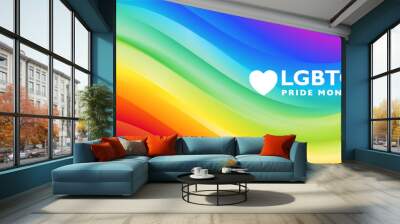 Colorful LGBTQ plus PRIDE month banner with 3D rainbow flag background. Vector illustration template for festival parades, parties, and social events. Wall mural