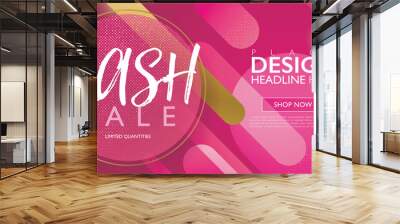 Flash sale marketing banner. Discount promo offer flyer and poster. Deep magenta and gold with geometric round objects abstract background. Vector illustration template. Wall mural