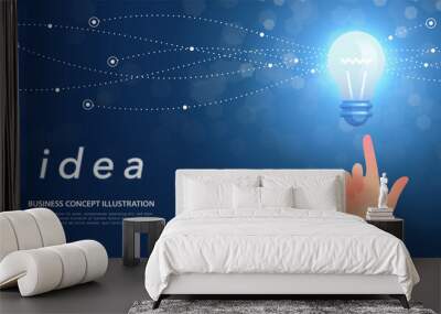 Idea concept banner with hand pointing at glowing and sparking light bulb on dark blue background. Vector illustration Wall mural