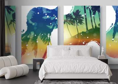 Summer sunset beach background set with palm trees and brush stroke layouts. Vector illustration. Wall mural