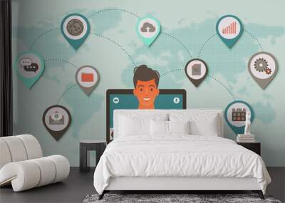 telecommuting and online communication concept, virtual meeting, video conference call using laptop  Wall mural