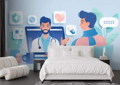 Telemedicine concept vector illustration. Patient video calling to see doctor using online technology through laptop computer. Wall mural