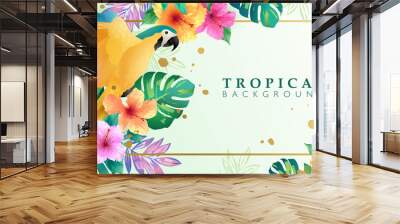 Tropical background with tropical bird, leaves, and flowers on light background. Summer banner template for fashion ads, horizontal poster and social media Wall mural