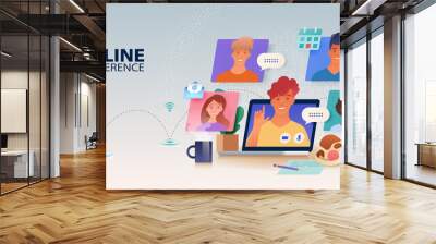 Virtual online meeting via video conference banner. Using laptop computer chatting with colleagues online in cozy home office with cat, coffee and plant. Vector illustration. Wall mural