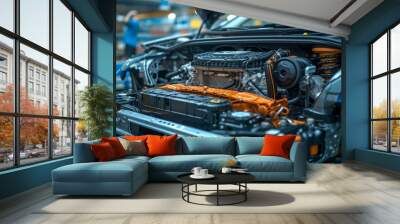 A detailed look under the hood of a modern electric vehicle in a factory Wall mural