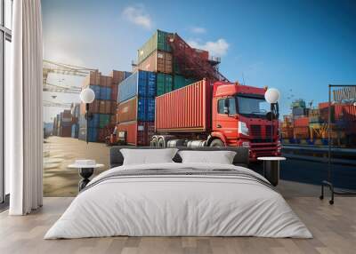 A truck is handling boxes in front of large containers and a crane. Wall mural