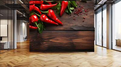 A wooden surface showcases red peppers, complemented by a designated copy space. Wall mural