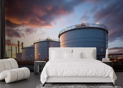 An oil storage tank set against a blue sky with lights. Wall mural