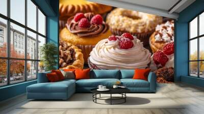 Assorted Gourmet Pastries and Desserts with Fresh Berries and Cream Wall mural