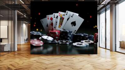 Casino cards game with chips and cubes on dark black background. Flying cards for online casinos and mobile gambling applications, poker - winner, wealth concept.Generative ai Wall mural