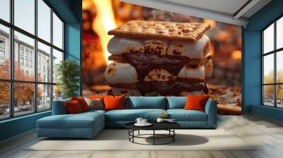 Close-up of a delicious s'more melting over a campfire with gooey marshmallow Wall mural