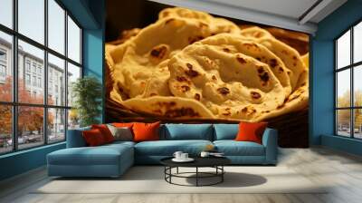 Freshly Baked Flatbread in a Woven Basket under Warm Lighting Wall mural